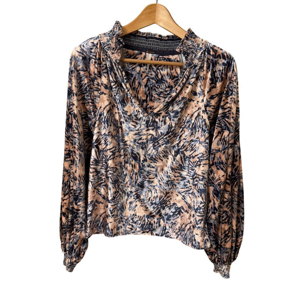Free People Velvet Boho Animal Print Women's Blouse Size Medium Balloon Sleeves
